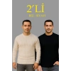 Erkek Fitilli Triko Kazak 2’li Set Bej Beyaz Kalın Dokuma Pamuklu Regular Fit Bisiklet