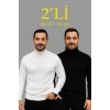 Erkek Fitilli Triko Kazak 2li Set Beyaz Siyah Regular Balıkcı Yaka Tam Boğazlı Triko Seti Modeli Kazak