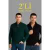 Erkek Fitilli Triko Kazak 2’li Set – Siyah - Haki Kalın Dokuma Pamuklu Regular Fit V Yaka Fermuarlı Uzun Kollu Rahat Kışlık Kazak Kombini