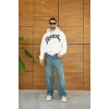 Erkek Kapüşonlu Sweatshirt Hoodie 3 İplik Şardonlu Pamuklu Kumaş, Önü Baskılı, Fermuarlı Rahat Kalıp, Kışlık Ve Sokak Stili Sweat - Beyaz