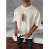 Erkek Ön Ve Arka Baskılı Oversize Bisiklet Yaka T-shirt - Beyaz