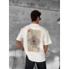 Erkek Ön Ve Arka Baskılı Oversize Bisiklet Yaka T-shirt - Beyaz