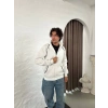 Erkek Oversize Dik Yaka Fermuarlı Sweatshirt - Zincir Nakışli Kanguru Cepli - Beyaz