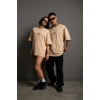 Erkek Oversize Tişört – Beyaz 24/1 Penye Kumaş, Bisiklet Yaka, Ön - Arka Baskılı, Streetwear Tarzı Rahat Büyük Kalıp T-Shirt - Bej