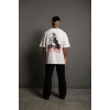 Erkek Oversize Tişört – Beyaz 24/1 Penye Kumaş, Bisiklet Yaka, Ön - Arka Baskılı, Streetwear Tarzı Rahat Büyük Kalıp T-Shirt- Beyaz