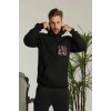 Erkek Oversize Üç İplik Kapüşonlu Sweatshirt –Sırt Ve Ön Baskılı, Kanguru Cepli, Rahat Kalıp Maskot Desenli Model - Siyah