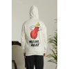 Erkek Oversize Üç İplik Kapüşonlu Sweatshirt –Sırt Ve Ön Baskılı, Kanguru Cepli, Rahat Kalıp Maskot Desenli Model - Siyah Beyaz