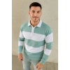 Erkek Polo Yaka Uzun Kollu Çizgili Sweatshirt Trend Rugby Stil - Çağla Yeşili
