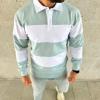 Erkek Polo Yaka Uzun Kollu Çizgili Sweatshirt Trend Rugby Stil - Çağla Yeşili