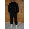 Erkek Premium Parçalı Eşofman Takım - Dik Yaka Fermuarlı Biyeli Sweatshirt Lastik Paça Alt, Oversize 3 Iplik Şardonlu - Siyah