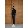 Erkek Premium Parçalı Eşofman Takım - Dik Yaka Fermuarlı Biyeli Sweatshirt Lastik Paça Alt, Oversize 3 Iplik Şardonlu - Siyah