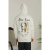 Erkek Sırt Baskılı Oversize Üç İplik Kapüşonlu Sweatshirt - Beyaz