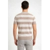 Erkek T-shirt Çizgili Triko Dokuma Bisiklet Yaka Tişört - Bej