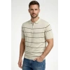 Erkek T-shirt Çizgili Triko Dokuma Kumaş Polo Yaka Yarım Fermuarlı Regular Kalıp Tişört - Bej