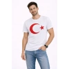 Erkek T-Shirt Kısa Kol Bisiklet Yaka Ay Yıldız Bayrak Baskılı Tişört - Beyaz