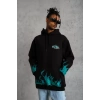 Erkek Üç İplik İçi Pamuklu Alev Baskılı Kapüşonlu Sweatshirt - Siyah