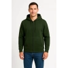 Erkek Üç İplik Kapüşonlu Tam Fermuarlı Kanguru Çepli SweatShirt Hoodie - Haki