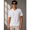 Erkek V Yaka Basic Tişört Kısa Kol Yazlık Regular Fit T-Shirt - Beyaz