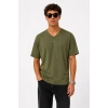 Erkek V Yaka Basic Tişört Kısa Kol Yazlık Regular Fit T-Shirt - Haki