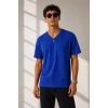 Erkek V Yaka Basic Tişört Kısa Kol Yazlık Regular Fit T-Shirt - Saks Mavisi