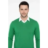 Erkek V Yaka Triko Kazak Yumuşak Dokulu Pamuklu Ince Dokuma, Uzun Kollu Rahat Regular Kalıp - Çimen Yeşili