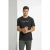 Erkek Wafıl Kumaş Tişört Regular Kalıp Bisiklet Yaka Baskılı Günlük Basic T-Shirt - Siyah