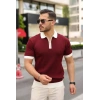 Erkek Yaka Ve Kol Detaylı Fermuar Yakalı Çizgi Desen Kısa Kollu Triko Tişört