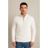 Erkek Yarım Fermuarlı Triko Kazak – Selanik Örgü, Dik Yaka, Pamuklu Dokuma, Regular Fit Uzun Kollu Kışlık Model - Beyaz