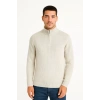 Erkek Yarım Fermuarlı Triko Kazak – Selanik Örgü, Dik Yaka, Pamuklu Dokuma, Regular Fit Uzun Kollu Kışlık Model - Bej
