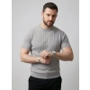 Erkek Yazlık Triko Dokuma Tişört Kısa Kol Bisiklet Yaka Örgü Desenli T-Shirt - Gri