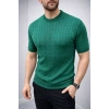 Erkek Yazlık Triko Dokuma Tişört Kısa Kol Bisiklet Yaka Örgü Desenli T-Shirt - Haki