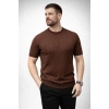 Erkek Yazlık Triko Dokuma Tişört Kısa Kol Bisiklet Yaka Örgü Desenli T-Shirt - Kahverengi