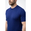 Erkek Yazlık Triko Dokuma Tişört Kısa Kol Bisiklet Yaka Örgü Desenli T-Shirt - Lacivert