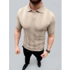 Erkek Yazlık Triko Dokuma Tişört Kısa Kol Polo Yaka T-Shirt - Bej