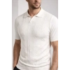 Erkek Yazlık Triko Dokuma Tişört Kısa Kol Polo Yaka T-Shirt - Beyaz