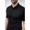Erkek Yazlık Triko Dokuma Tişört Kısa Kol Polo Yaka T-Shirt - Siyah