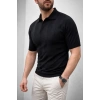 Erkek Yazlık Triko Dokuma Tişört Kısa Kol Polo Yaka T-Shirt - Siyah