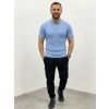 Erkek Yazlık Triko Saç Örgü Tişört Kısa Kol Polo Yaka Fermuarlı T-Shirt - Bebe Mavisi