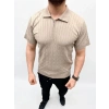 Erkek Yazlık Triko Saç Örgü Tişört Kısa Kol Polo Yaka Fermuarlı T-Shirt - Bej