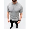 Erkek Yazlık Triko Saç Örgü Tişört Kısa Kol Polo Yaka Fermuarlı T-Shirt - Gri
