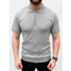 Erkek Yazlık Triko Saç Örgü Tişört Kısa Kol Polo Yaka Fermuarlı T-Shirt - Gri