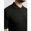 Erkek Yazlık Triko Saç Örgü Tişört Kısa Kol Polo Yaka Fermuarlı T-Shirt - Siyah