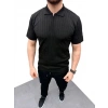 Erkek Yazlık Triko Saç Örgü Tişört Kısa Kol Polo Yaka Fermuarlı T-Shirt - Siyah