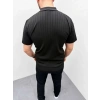 Erkek Yazlık Triko Saç Örgü Tişört Kısa Kol Polo Yaka Fermuarlı T-Shirt - Siyah