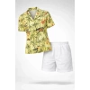 Gün Batımı Tropikal Desenli Kısa Kol Gömlek Şort Takım Yazlık Rahat Kalıp - Desenli