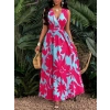 Kadın Askılı Kruvaze Yakalı çiçek Desenli Uzun Süprem Elbise