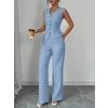 Kadın Askılı önden Düğmeli Bluz Ve Pantolon Keten Ikili Takım