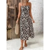 Kadın Askılı Yakadan Bağcıklı Yırtmaçlı Leopar Desenli Midi Süprem Elbise