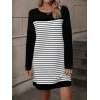 Kadın Bisiklet Yaka Uzun Kol çizgili Iki Iplik Kumaş Mini Boy Elbise