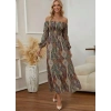 Kadın Düşük Omuzlu Beli Büzgülü Dijital Desenli Kesik Elyaf Süprem Uzun Elbise